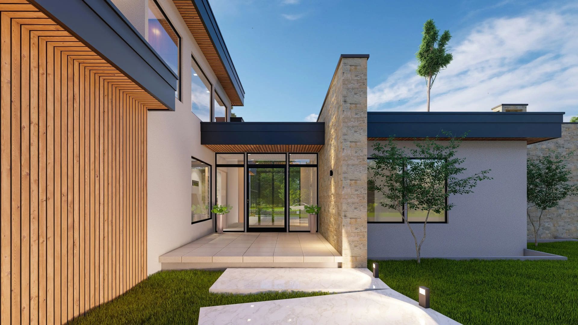 A modern house with a courtyard and patio.